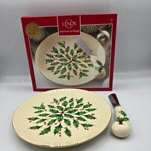 LENOX Holiday Holly Leaves Ivory Cheese Plate 6.75in w/ Knife tocking Stuffers